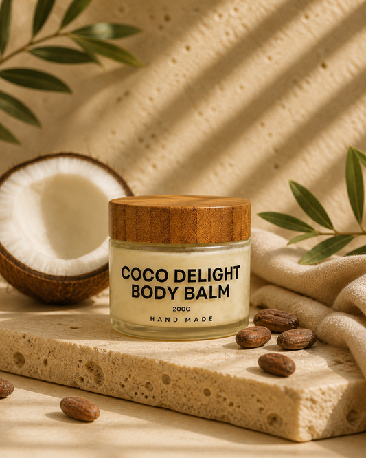 Coco Delight Body Balm by Natroyale — nourishing coconut and cocoa body balm in a frosted glass jar with bamboo lid, on a travertine stone shelf with fresh coconut and cocoa beans.