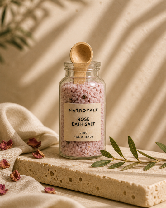 Natroyale Rose Bath Salt — hand-blended pink Himalayan rose bath salt in a frosted glass jar with bamboo scoop, on a travertine stone shelf with dried rose petals and olive branch.