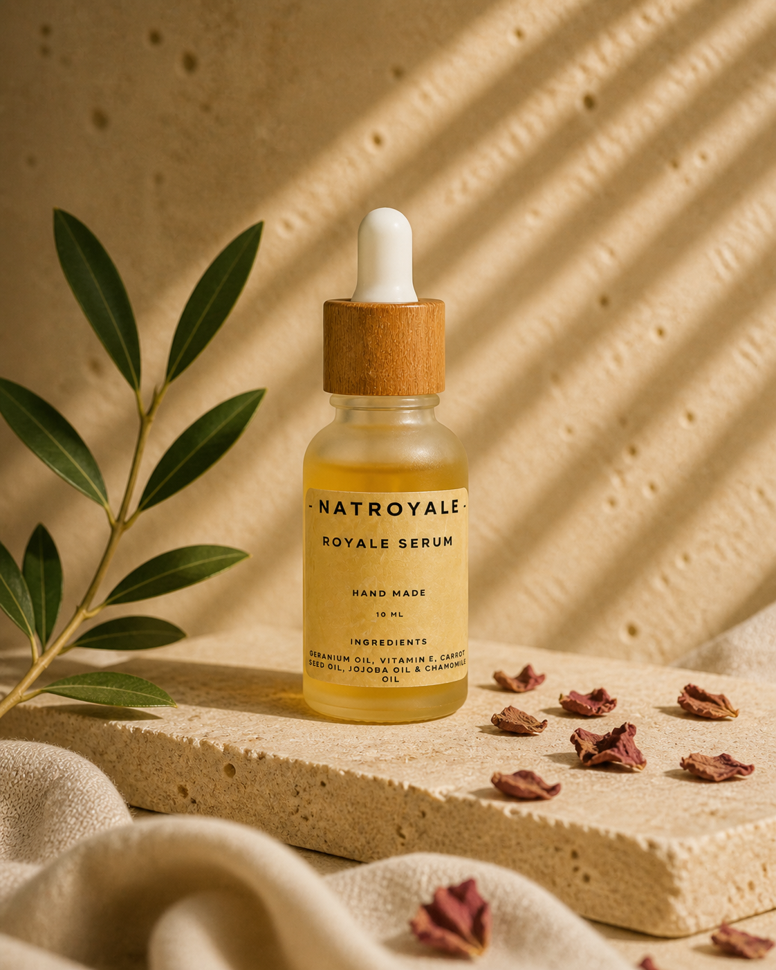Royale Serum by Natroyale — lightweight botanical face serum in a frosted glass bottle with bamboo dropper, on a travertine stone shelf with olive branch and dried rose petals.