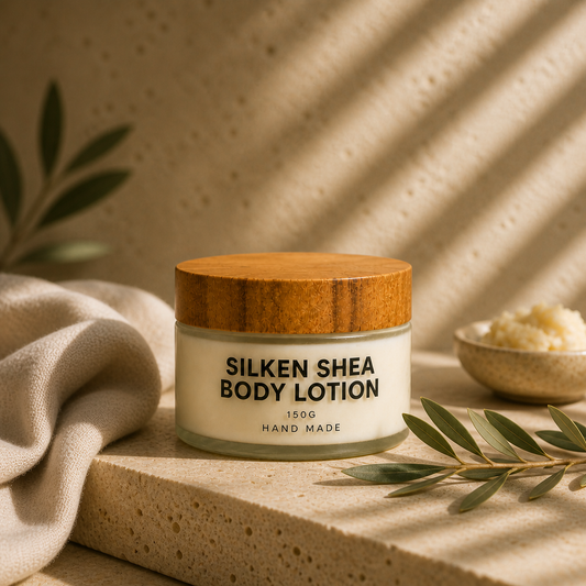 Silken Shea Body Lotion by Natroyale — natural shea butter body lotion in a frosted glass jar with bamboo lid, on a travertine stone shelf with cream linen and olive branch.